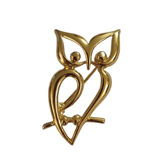 Trifari Crown Over T Gold Tone Open Owl Brooch Pin, Signed K942 - Picture 2 of 5